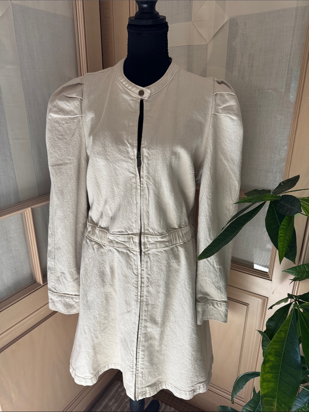 Universal Thread Puff Sleeve Structured Denim Dress Zip Up Cream Ecru Mini